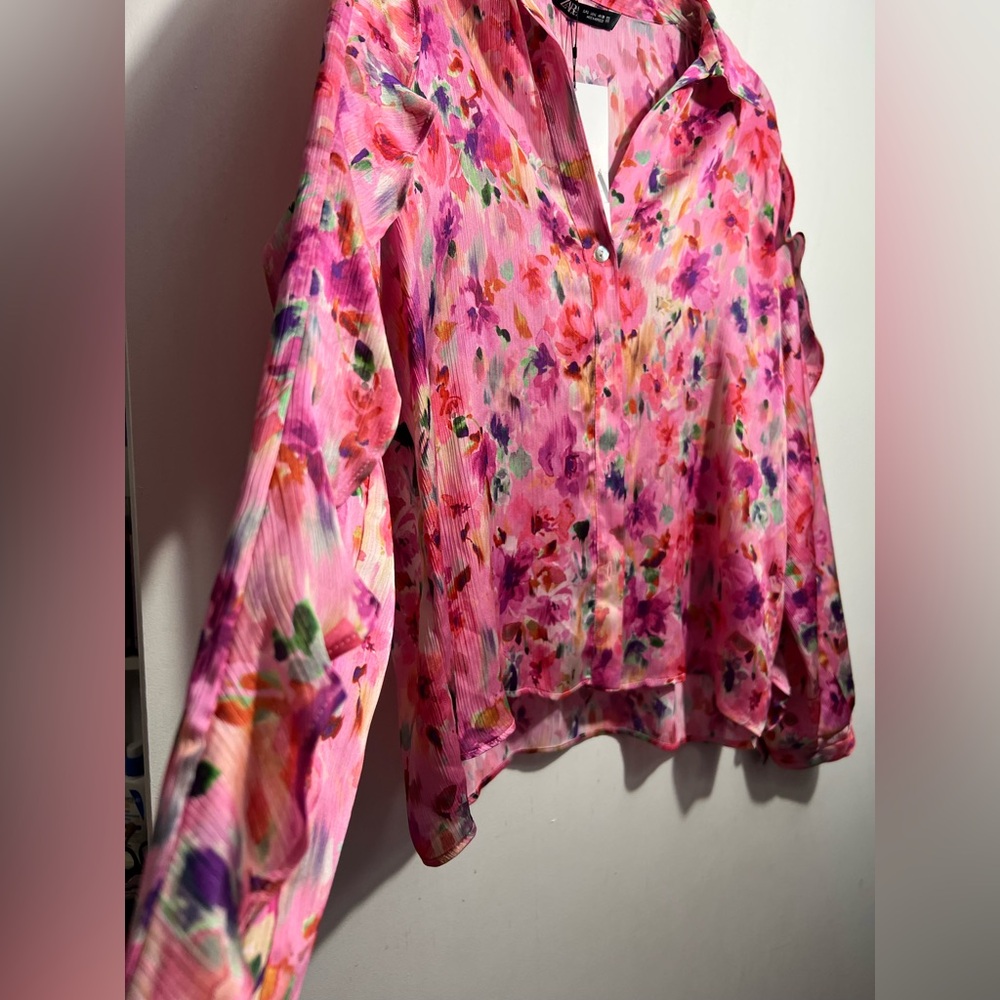 NWT ZARA pink floral print ruffled blouse size L - Picture 5 of 12
